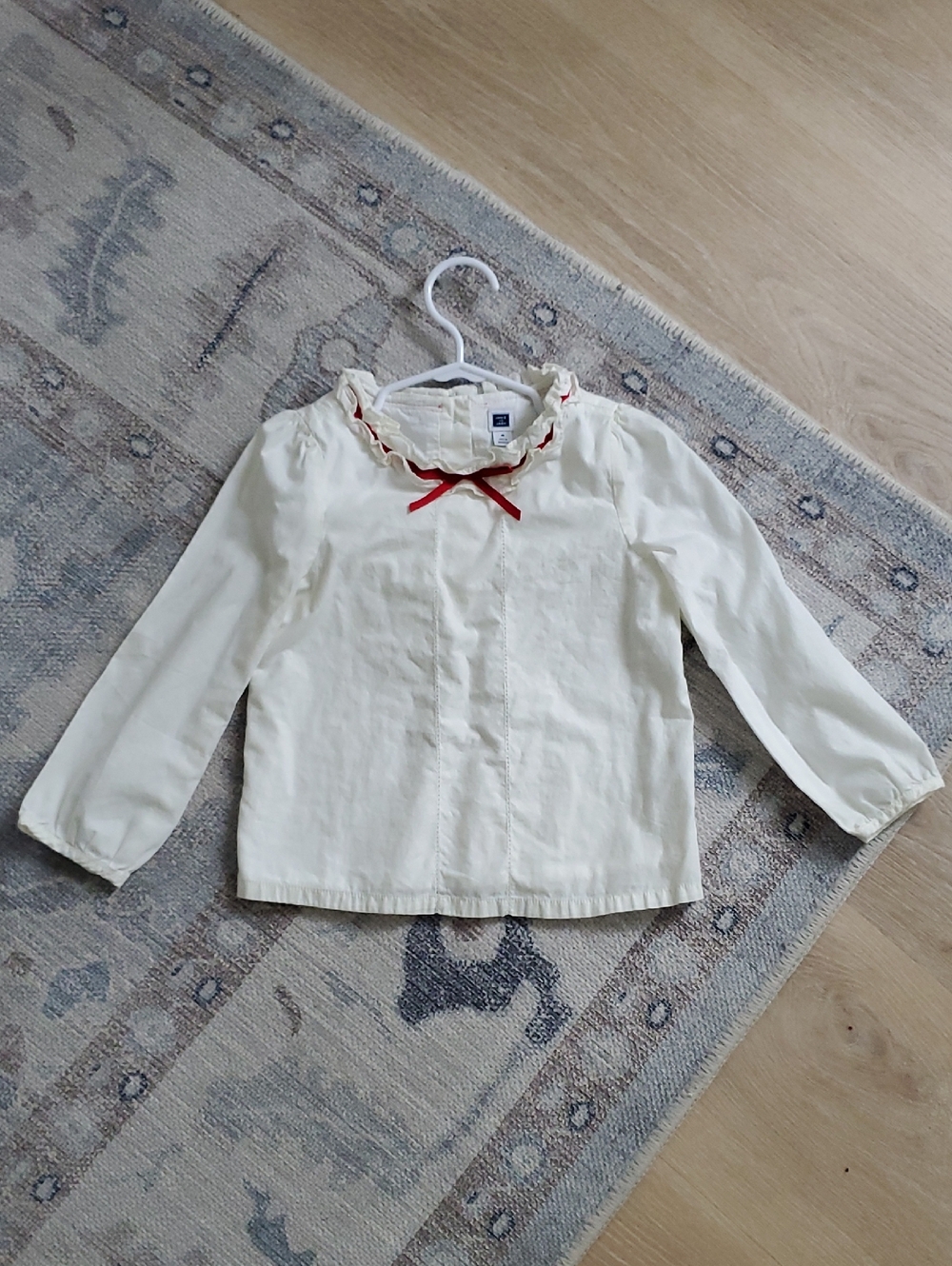 Janie and Jack Girls Ivory Red Ruffle Bow Ribbon Long Sleeve Shirt Sz4